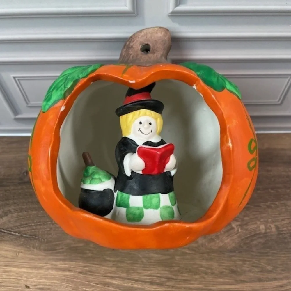 Vintage Ceramic Hand Painted Halloween Pumpkin Witch Toad Fall Decor Set of 2